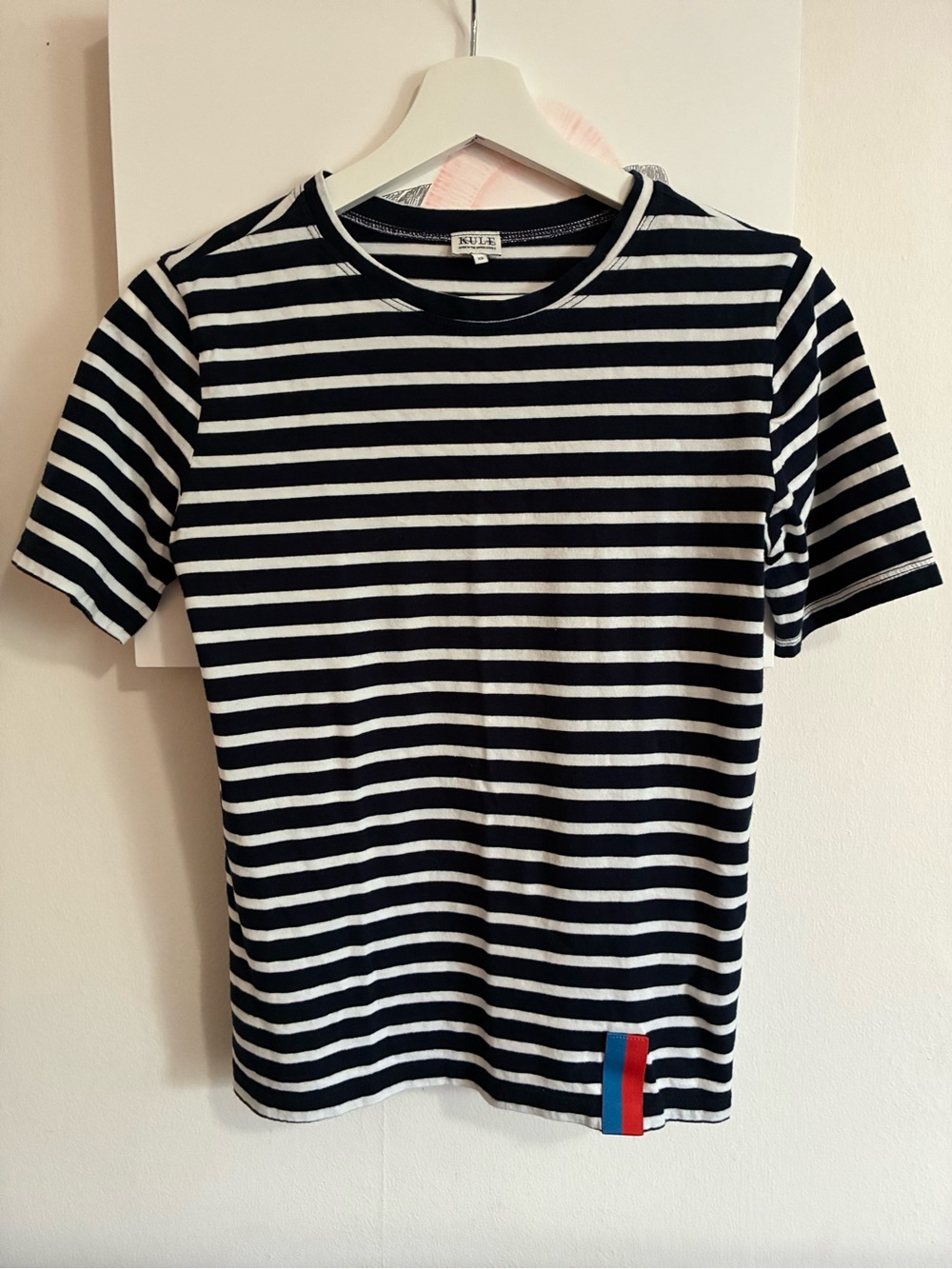 KULE Navy and White Striped Short Sleeve Tee with Red & Blue Accent